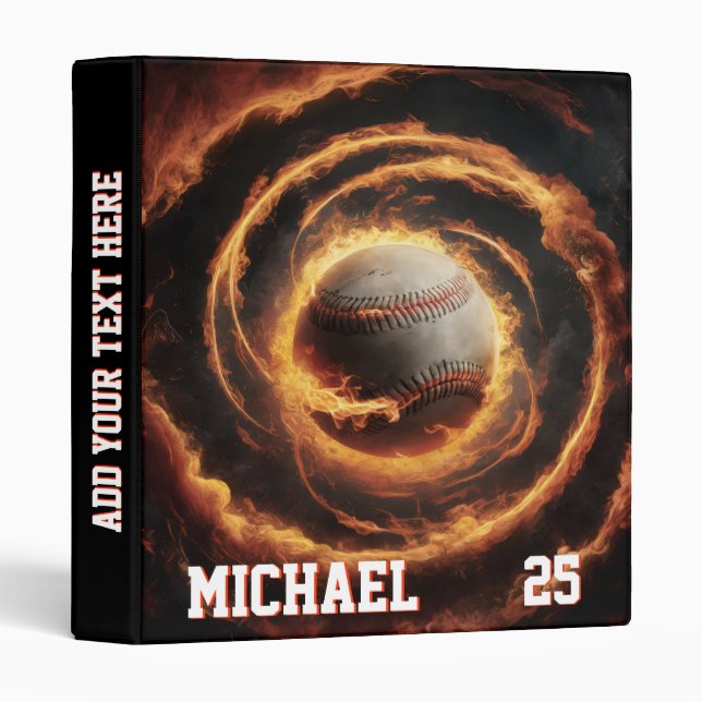 Personalized Number and Name Baseball Ball on Fire Binder (Front/Spine)