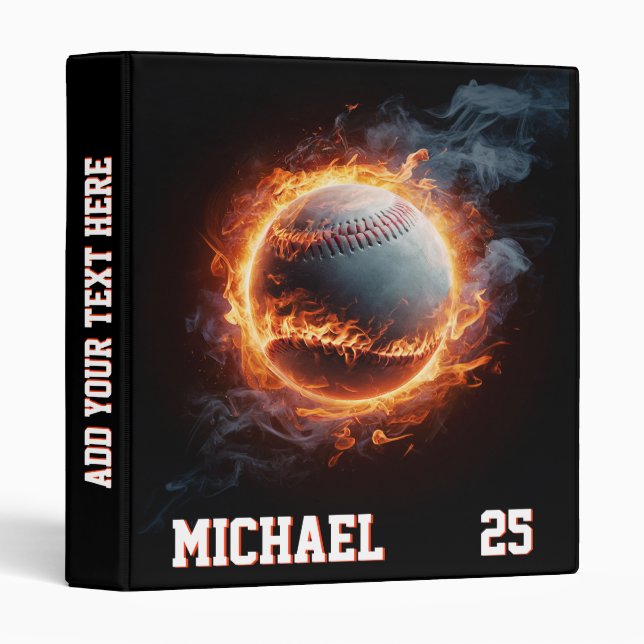Personalized Number and Name Baseball Ball on Fire Binder (Front/Spine)