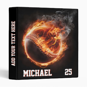 Personalized Number and Name Baseball Ball on Fire Binder