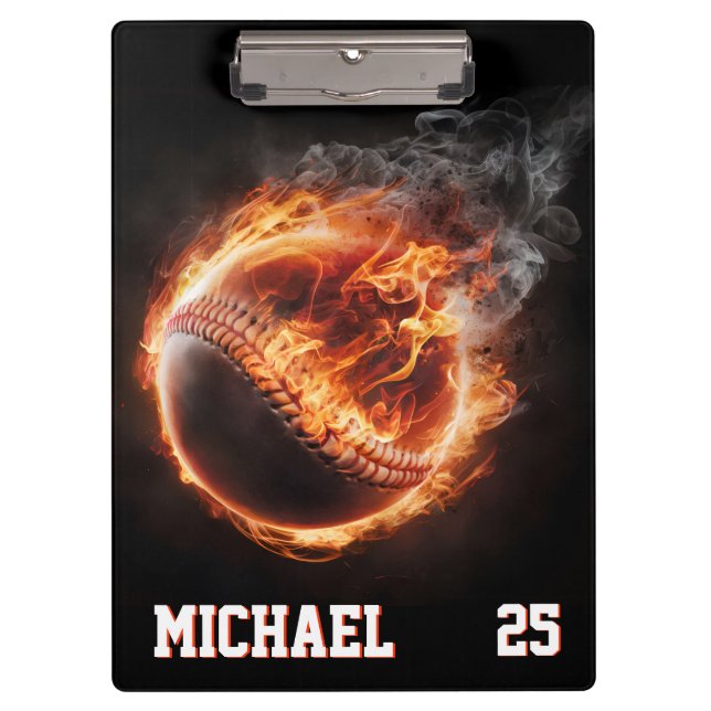 Personalized Number and Name Baseball Ball on Fire Clipboard (Front)