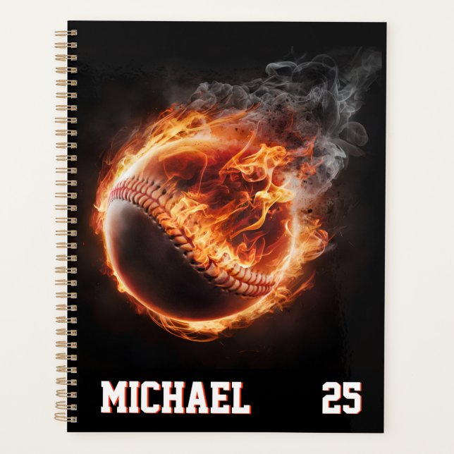 Personalized Number and Name Baseball Ball on Fire Planner (Front)