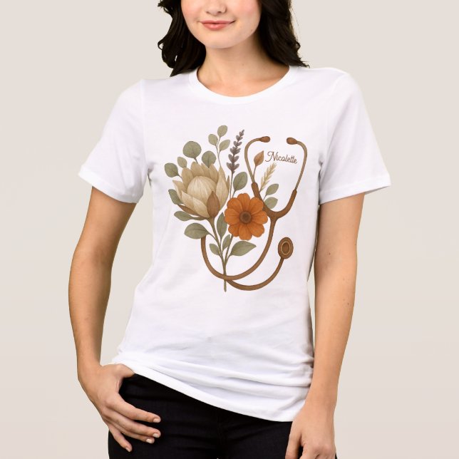 Personalized Nurse Boho Floral Stethoscope  Tri-Blend Shirt (Front)