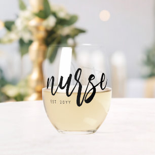 Personalized Nurse Brush Typography RN Graduation Stemless Wine Glass