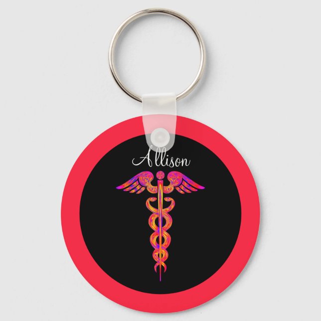 Personalized Nurse Colourful Caduceus Medical Keychain (Front)