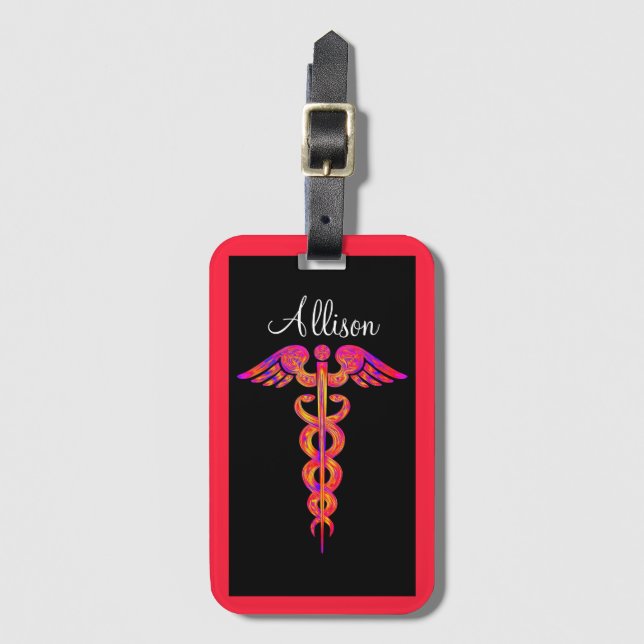 Personalized Nurse Colourful Caduceus Medical Luggage Tag (Front Vertical)