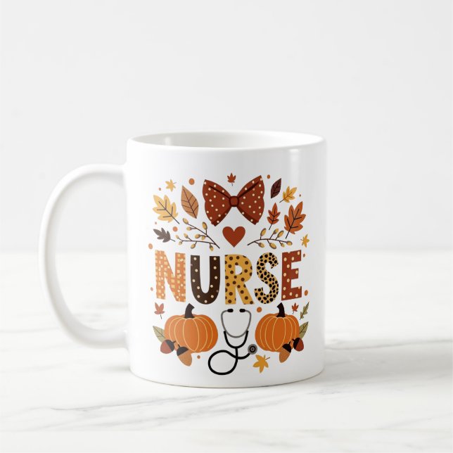 Personalized Nurse – Cute Pumpkin & Autumn Leaves  Coffee Mug (Left)