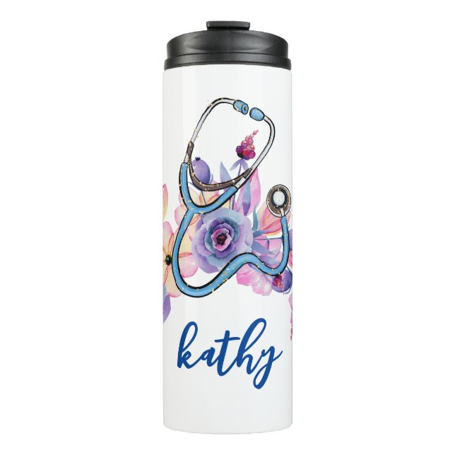 Personalized Nurse Floral Stethoscope Gift Thermal Tumbler (Front)