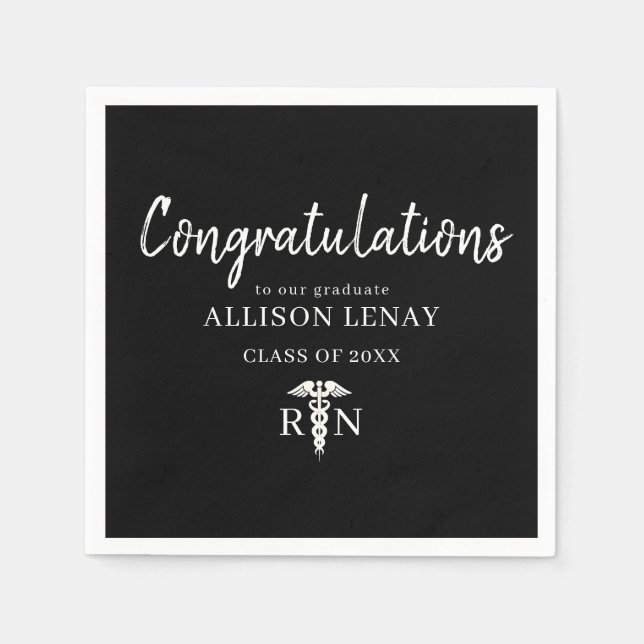 Personalized Nurse Graduation Party Black White Napkin (Front)