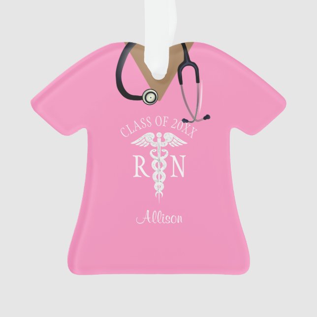 Personalized Nurse Graduation Pink Scrub Top Ornament (Front)