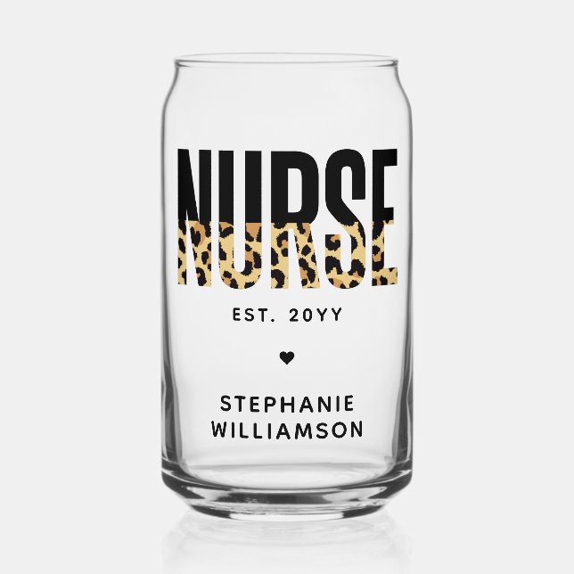 Personalized Nurse Leopard Print RN Graduation Can Glass (Front)