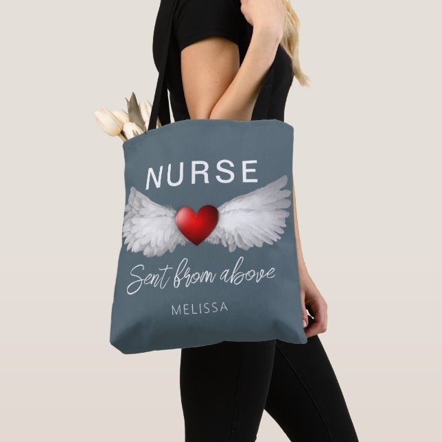 Personalized Nurse Medical Angel Wings Heart Tote Bag (Close Up)
