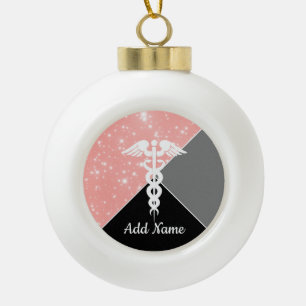 Personalized Nurse Medical Blush Pink Faux Glitter Ceramic Ball Christmas Ornament