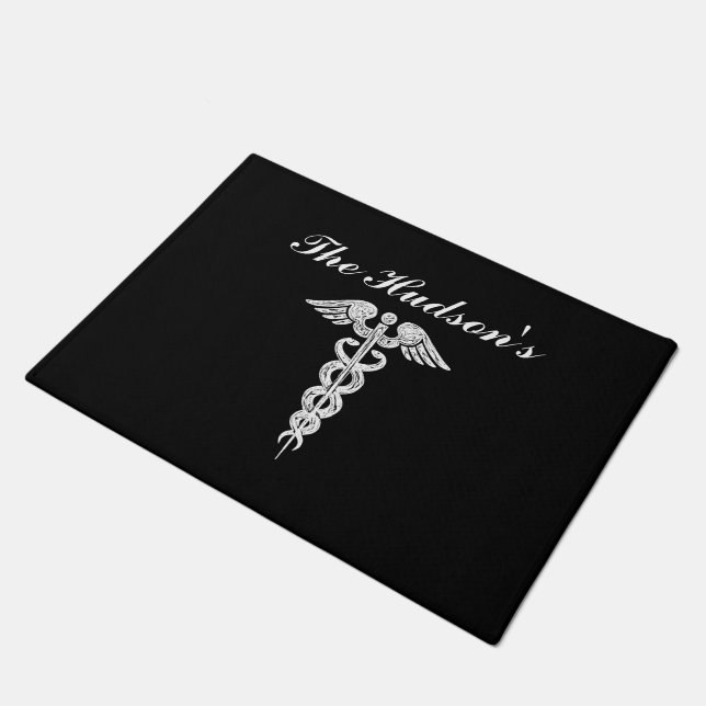 Personalized Nurse Medical Caduceus Black White Doormat (Angled)