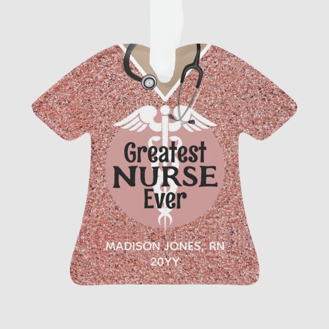 Personalized Nurse Pink Scrub Top Christmas Ornament (Front)