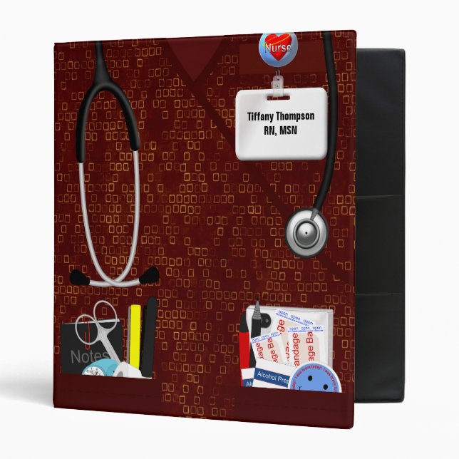 Personalized Nurse Pockets 1 Inch Dark Red Scrubs Binder (Front/Inside)