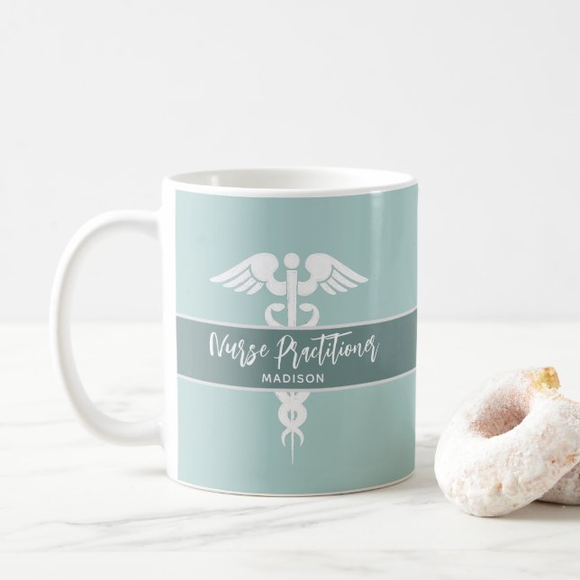 Personalized Nurse Practitioner Teal Medical  Coffee Mug (With Donut)