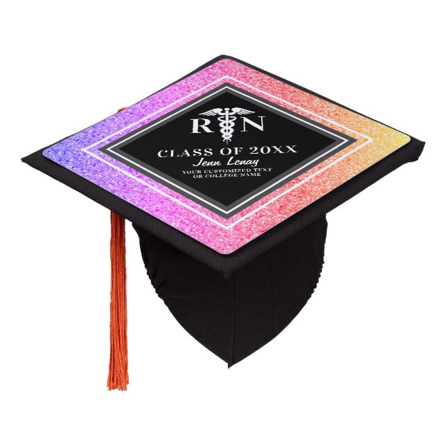 Personalized Nurse Rainbow Glitter Modern Script Graduation Cap Topper (Angled)