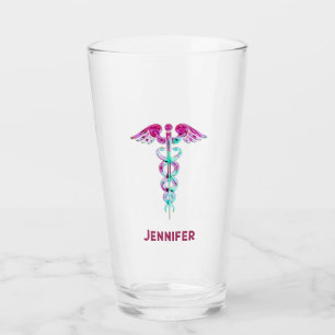 Personalized Nurse Retro Pink Teal Caduceus Glass