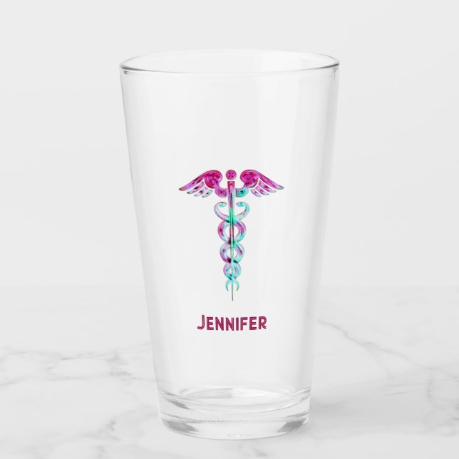 Personalized Nurse Retro Pink Teal Caduceus Glass (Front)