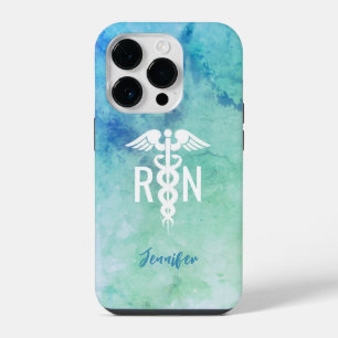 Personalized Nurse RN Aqua Blue Marble iPhone 14 Pro Case