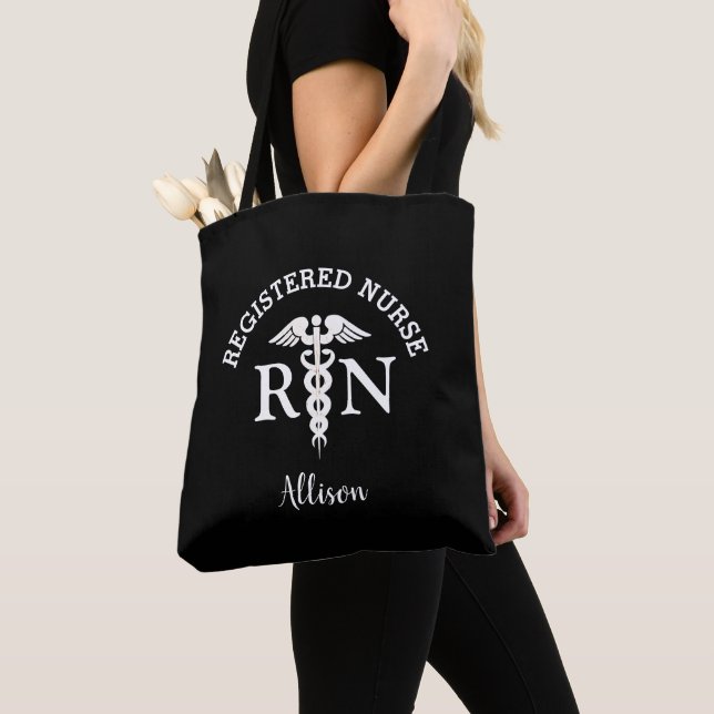 Personalized Nurse RN Black White Script Medical Tote Bag (Close Up)