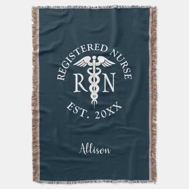 Personalized Nurse RN Graduation Navy Blue White Throw Blanket (Front Vertical)