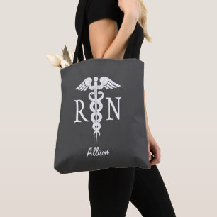 Personalized Nurse RN Grey White Caduceus Medical Tote Bag