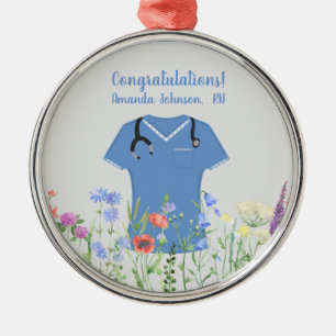 Personalized Nurse RN LPN NP Blue Scrubs Metal Ornament