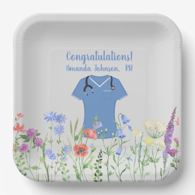 Personalized Nurse RN LPN NP Blue Scrubs Paper Plate (Front)