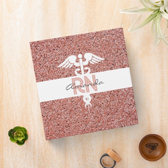 Personalized Nurse RN Pink Rose Gold Glitter Binder (In Situ)