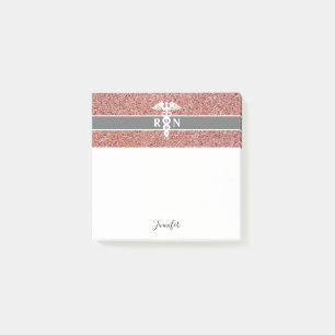 Personalized Nurse RN Rose Gold Glitter Caduceus Post-it Notes