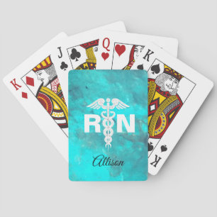 Personalized Nurse RN Turquoise Marble Caduceus Playing Cards