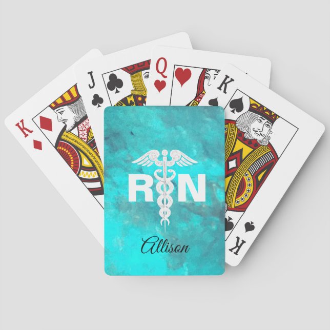 Personalized Nurse RN Turquoise Marble Caduceus Playing Cards (Back)