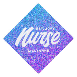 Personalized Nurse Script Blue Purple Glitter Graduation Cap Topper