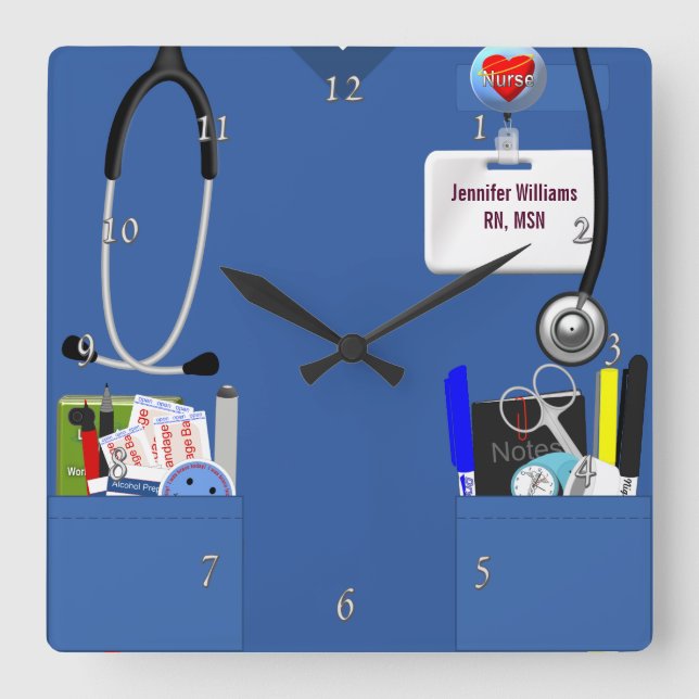 Personalized Nurse Scrubs in Blue Square Wall Clock (Front)