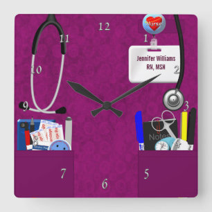 Personalized Nurse Scrubs in Dark Pink Square Wall Clock