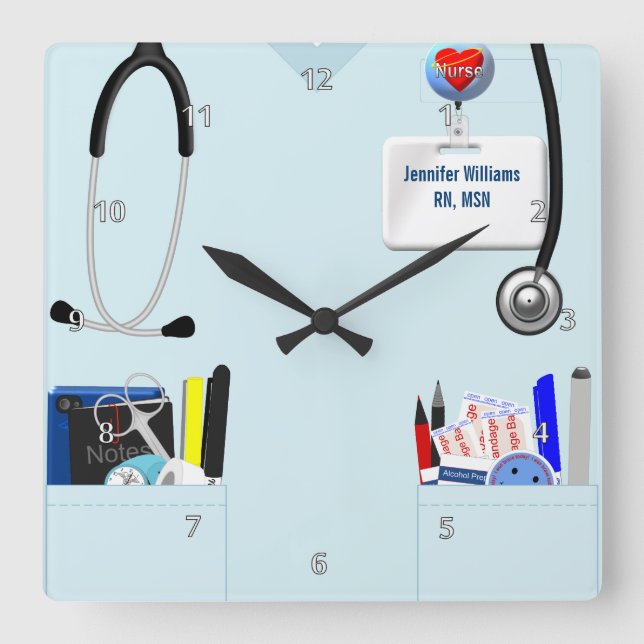 Personalized Nurse Scrubs in Light Blue Square Wall Clock (Front)
