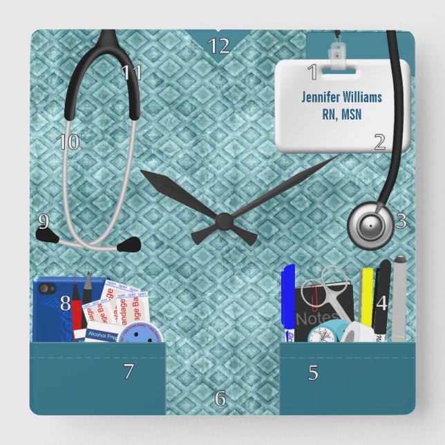 Personalized Nurse Scrubs in Teal Pattern Square Wall Clock (Front)