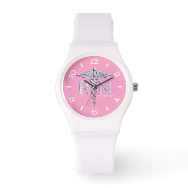 Personalized Nurse Silver Caduceus Pink Dial Watch (Front)