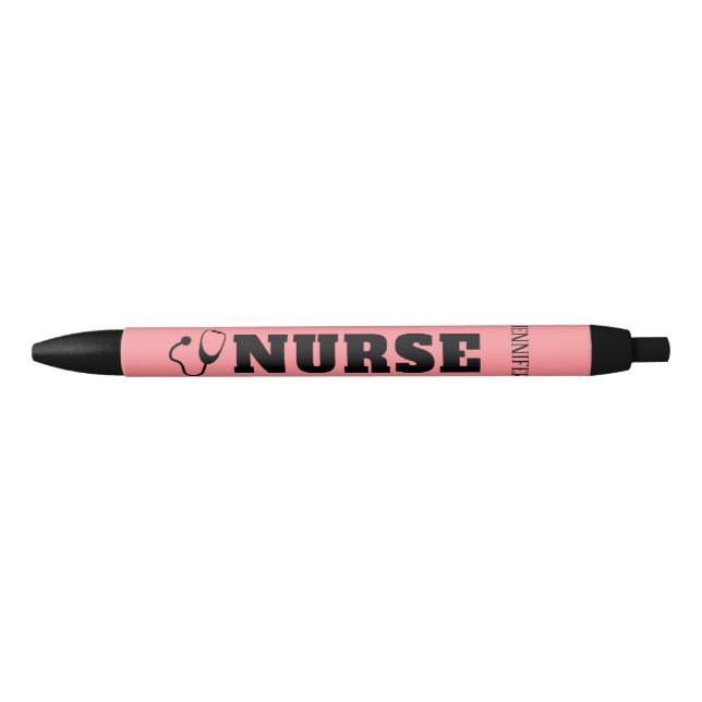 Personalized Nurse Stethoscope Coral Pink Black Ink Pen (Front)