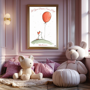 Personalized Nursery Art – Cat with Red Balloon Poster