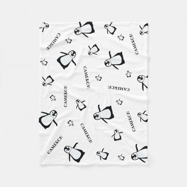 Personalized Nursery Black and white Penguin Fleece Blanket (Front)