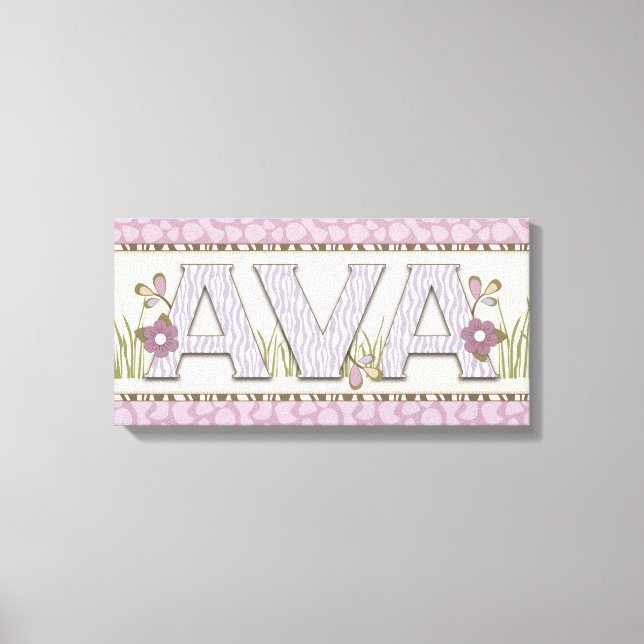 Personalized Nursery Name Art Purple Jungle Theme Canvas Print (Front)
