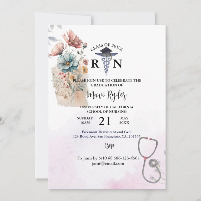 Personalized Nursing Graduation Watercolor FIoral Invitation (Front)