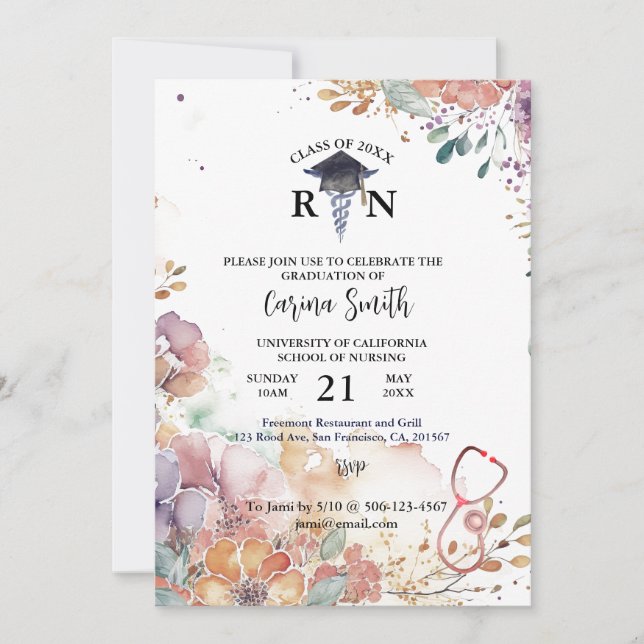 Personalized Nursing Graduation Watercolor Flowers Invitation (Front)