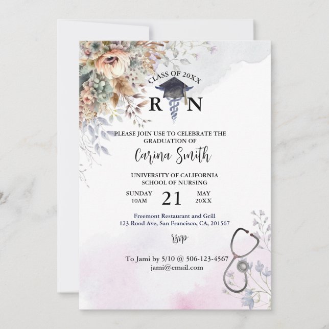 Personalized Nursing School Graduation Boho Floral Invitation (Front)