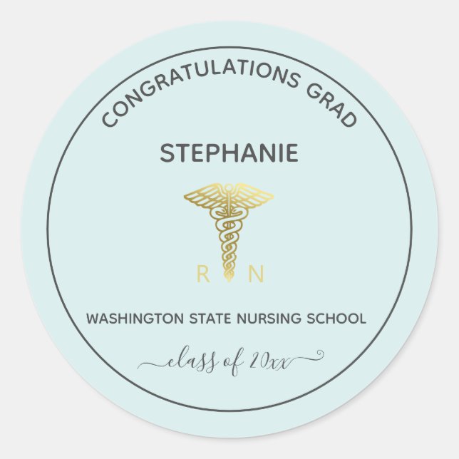 Personalized Nursing School Graduation Light Blue Classic Round Sticker (Front)