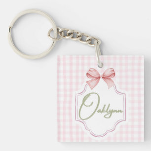 Personalized Oaklynn Baby Girl Nursery Bow&Gingham Keychain