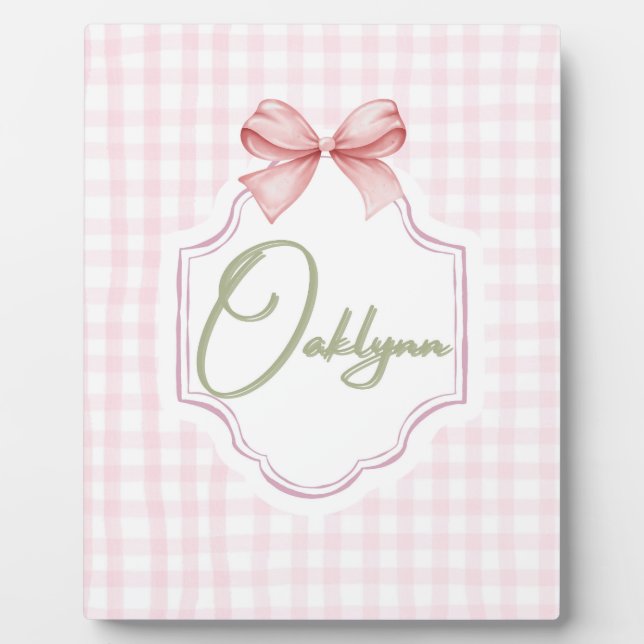 Personalized Oaklynn Baby Girl Nursery Bow&Gingham Plaque (Front)