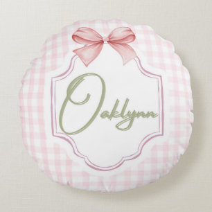 Personalized Oaklynn Baby Girl Nursery Bow&Gingham Round Pillow